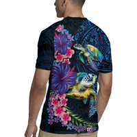 Hawaiian Plumeria and Hibiscus with Turtles Rugby Jersey Polynesian Art Dark Cyan Color - Polynesian Pride