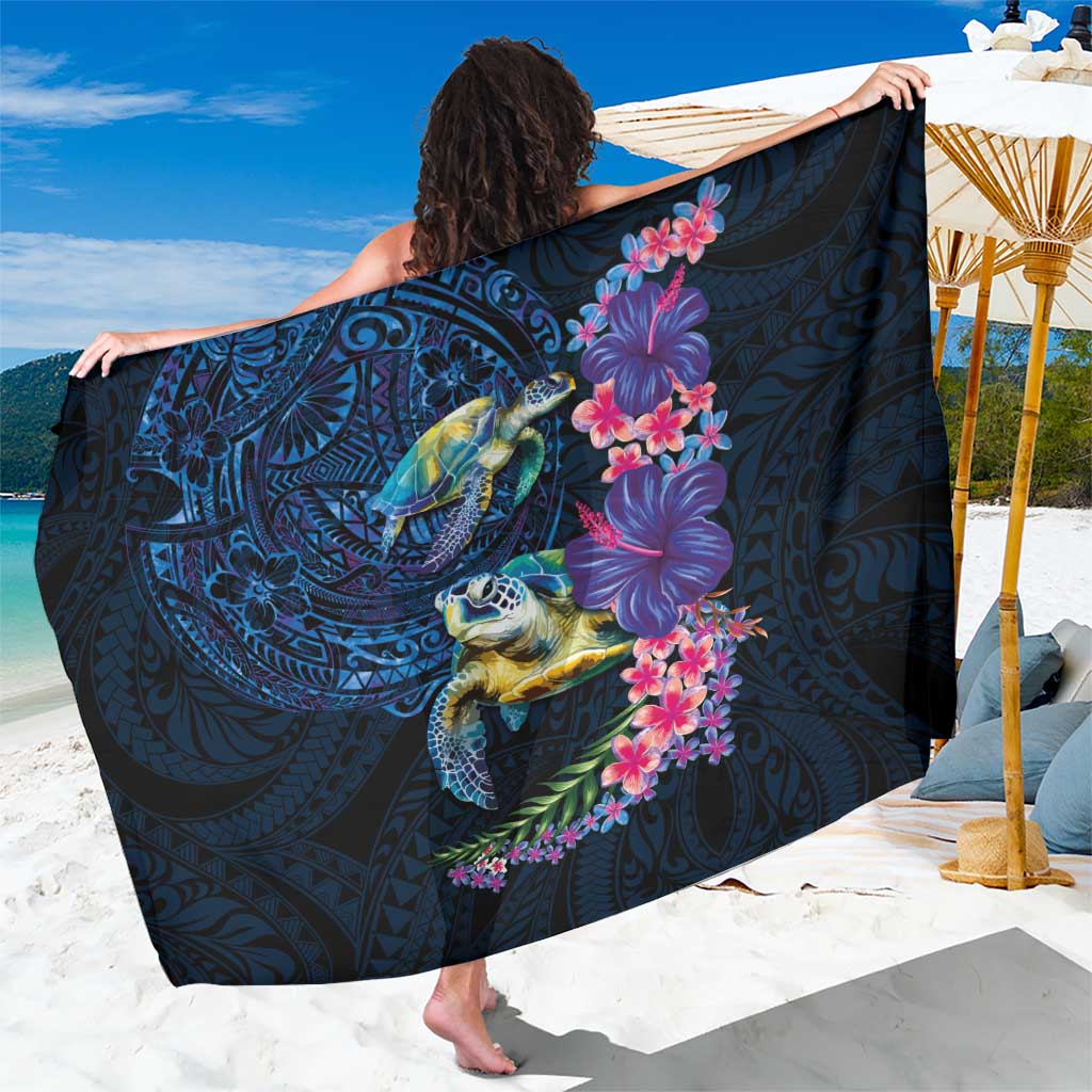 Hawaiian Plumeria and Hibiscus with Turtles Sarong Polynesian Art Dark Cyan Color - Polynesian Pride