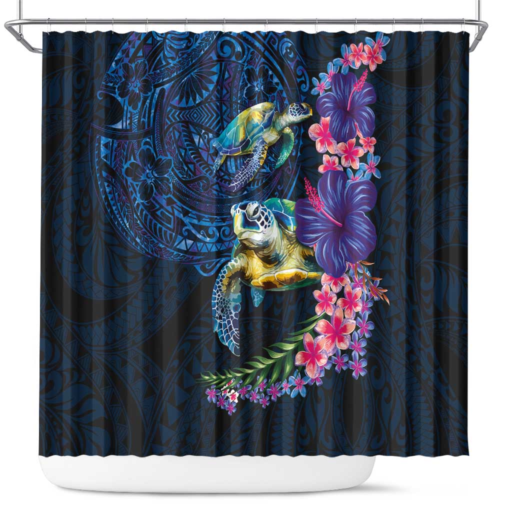 Hawaiian Plumeria and Hibiscus with Turtles Shower Curtain Polynesian Art Dark Cyan Color - Polynesian Pride