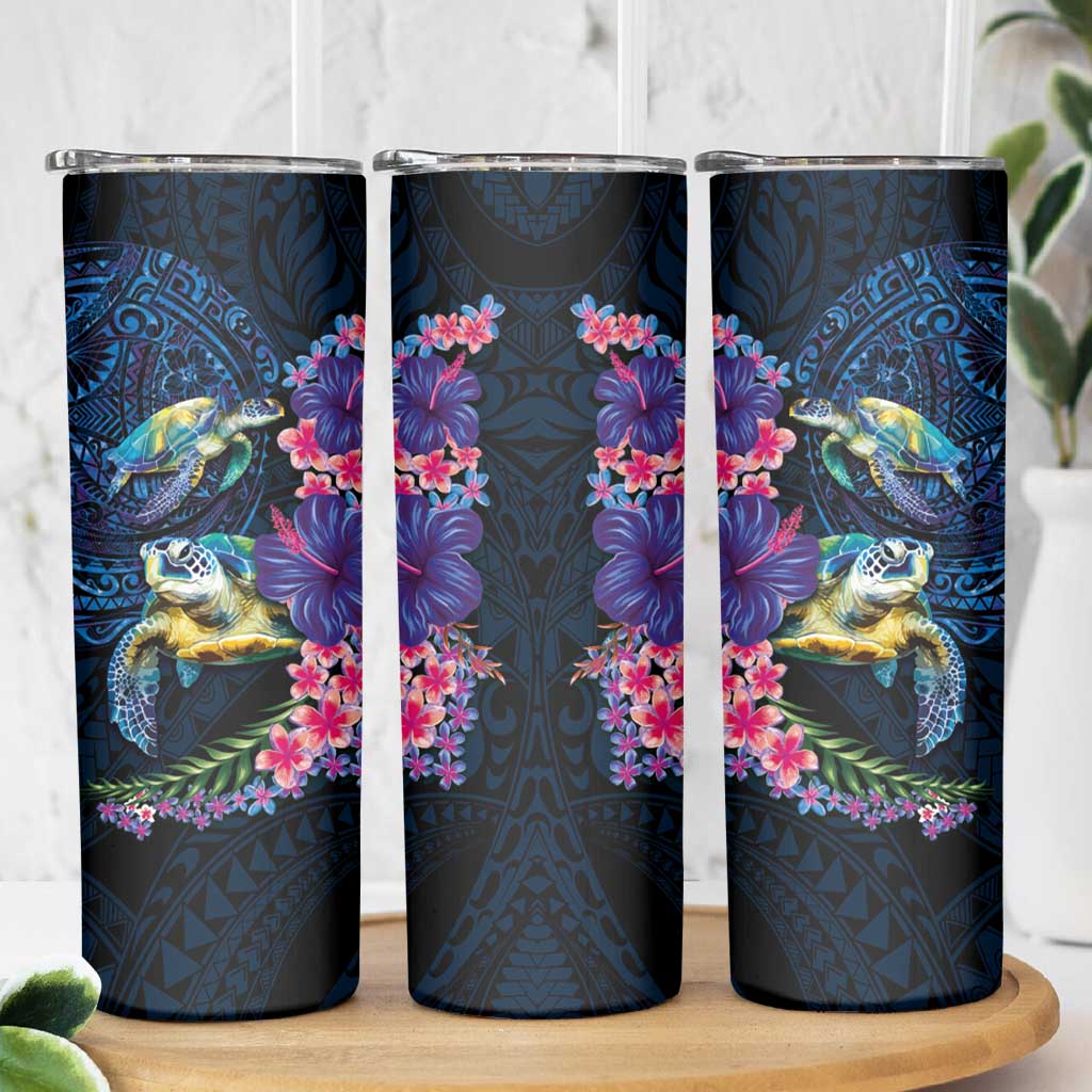 Hawaiian Plumeria and Hibiscus with Turtles Skinny Tumbler Polynesian Art Dark Cyan Color - Polynesian Pride