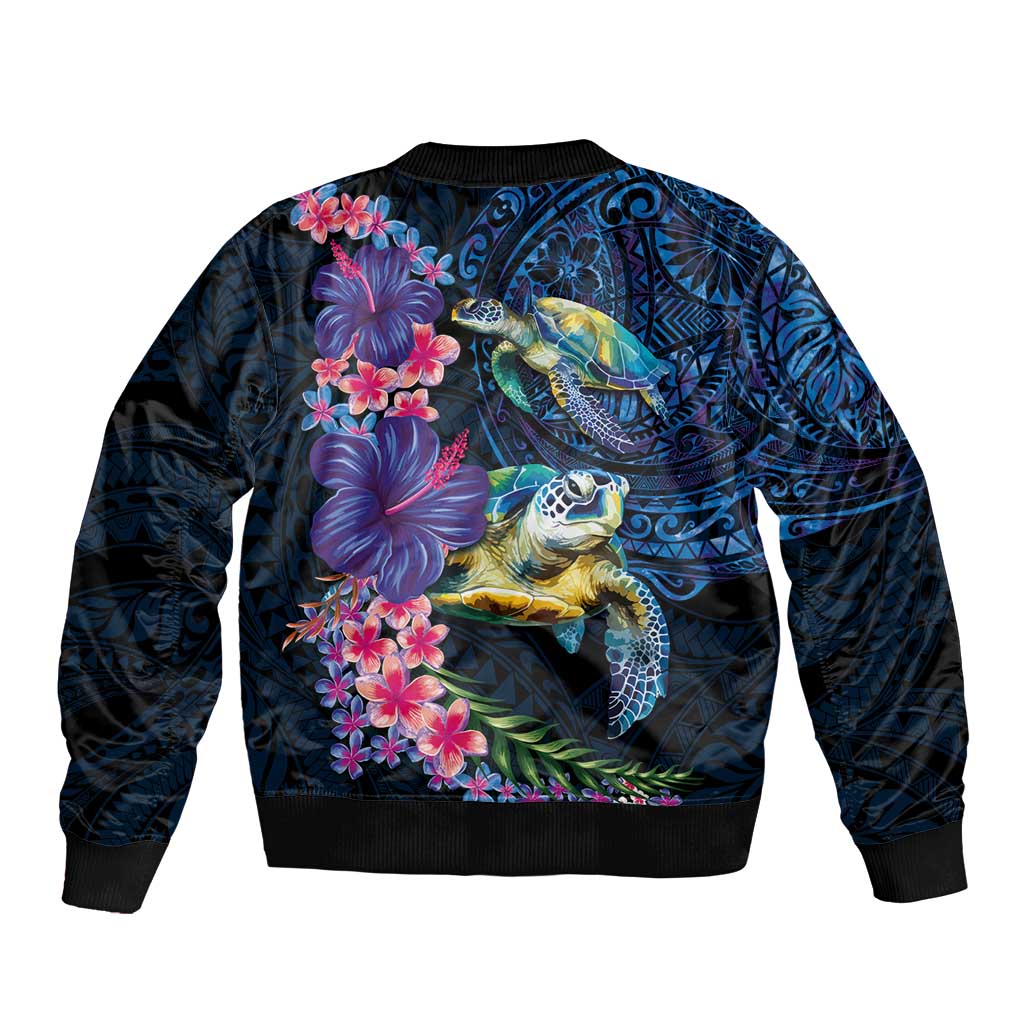 Hawaiian Plumeria and Hibiscus with Turtles Sleeve Zip Bomber Jacket Polynesian Art Dark Cyan Color - Polynesian Pride