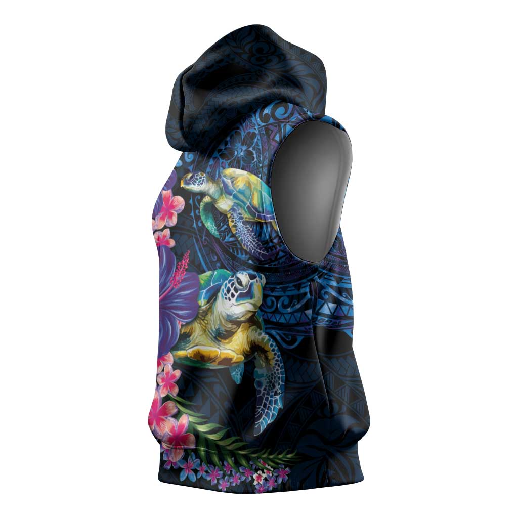 Hawaiian Plumeria and Hibiscus with Turtles Sleeveless Hoodie Polynesian Art Dark Cyan Color - Polynesian Pride