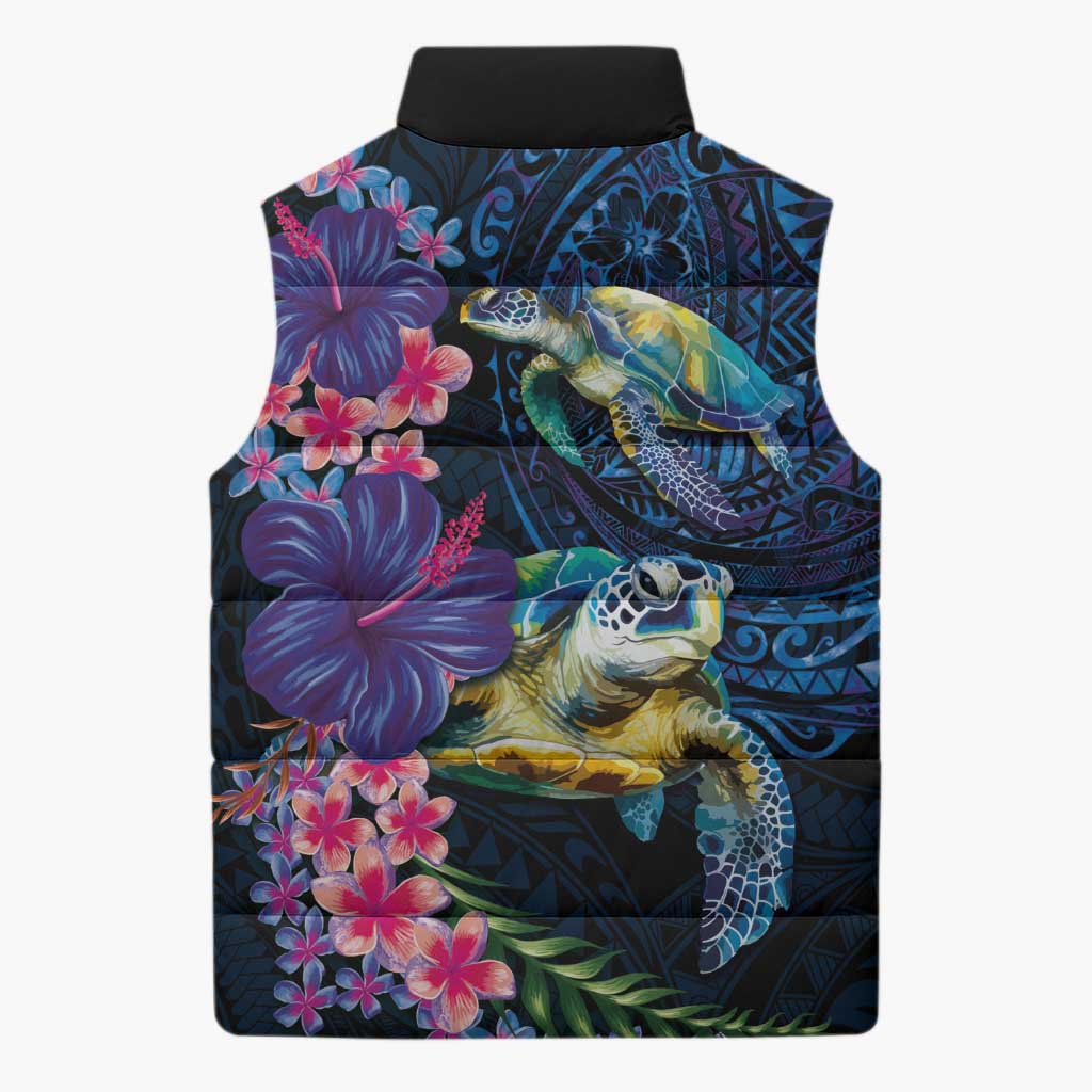 Hawaiian Plumeria and Hibiscus with Turtles Sleeveless Puffer Jacket Polynesian Art Dark Cyan Color - Polynesian Pride