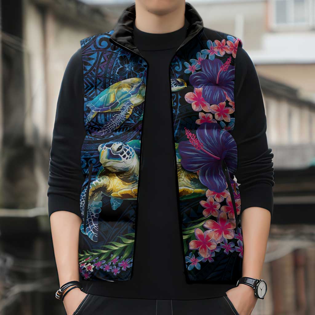 Hawaiian Plumeria and Hibiscus with Turtles Sleeveless Puffer Jacket Polynesian Art Dark Cyan Color - Polynesian Pride