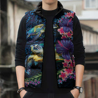 Hawaiian Plumeria and Hibiscus with Turtles Sleeveless Puffer Jacket Polynesian Art Dark Cyan Color - Polynesian Pride