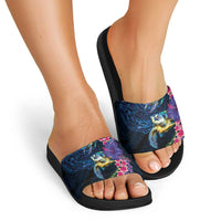 Hawaiian Plumeria and Hibiscus with Turtles Slide Sandals Polynesian Art Dark Cyan Color - Polynesian Pride