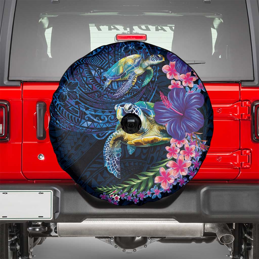 Hawaiian Plumeria and Hibiscus with Turtles Spare Tire Cover Polynesian Art Dark Cyan Color - Polynesian Pride