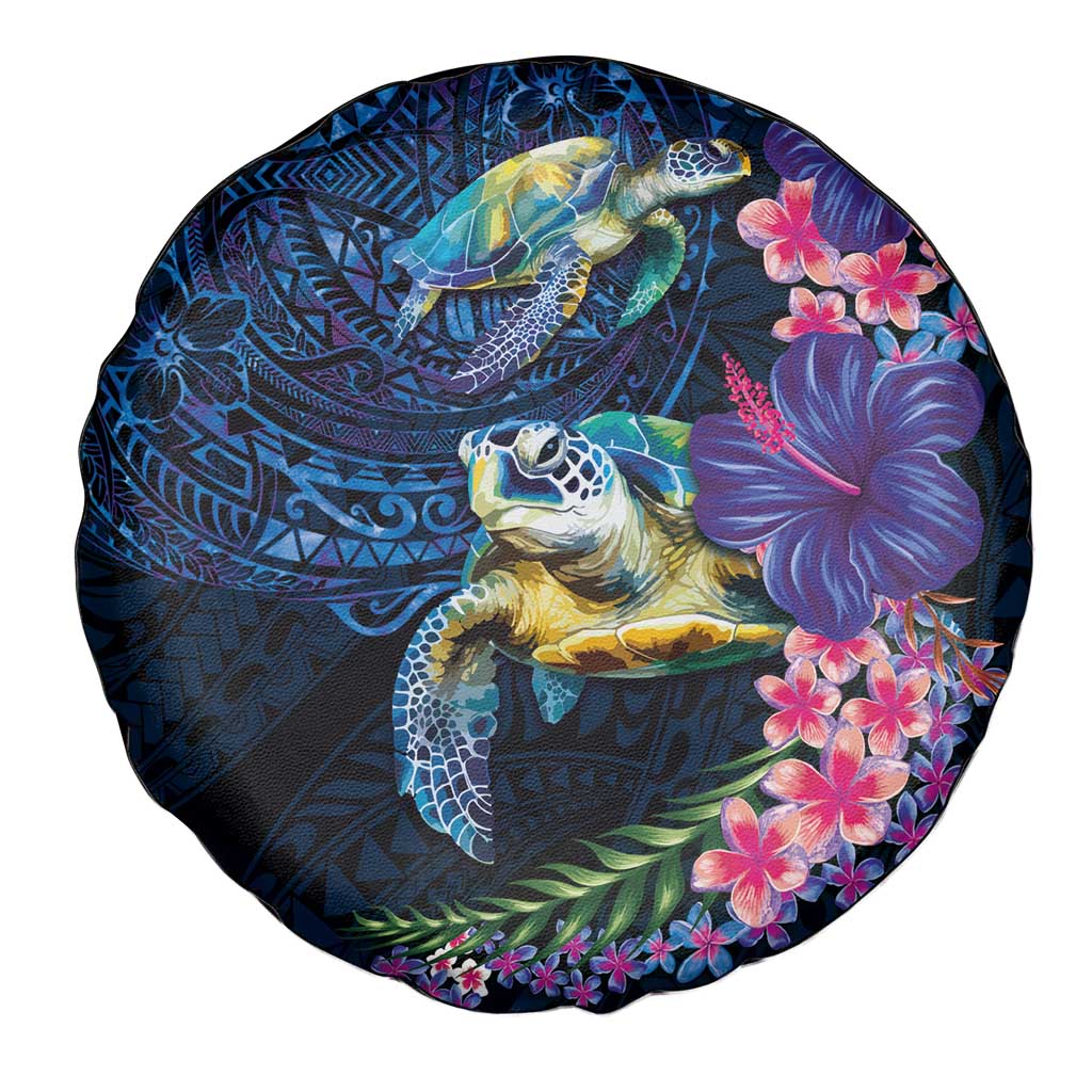 Hawaiian Plumeria and Hibiscus with Turtles Spare Tire Cover Polynesian Art Dark Cyan Color - Polynesian Pride