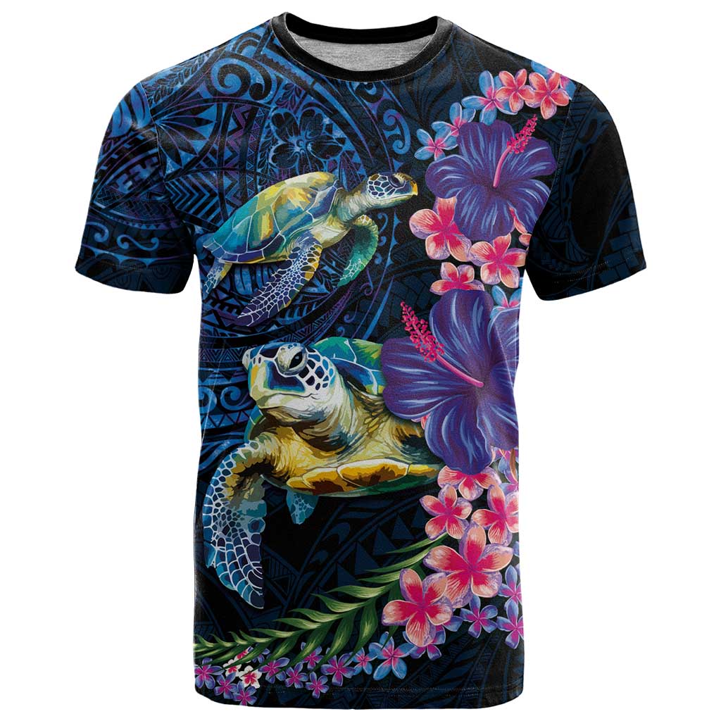 Hawaiian Plumeria and Hibiscus with Turtles T Shirt Polynesian Art Dark Cyan Color - Polynesian Pride