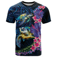 Hawaiian Plumeria and Hibiscus with Turtles T Shirt Polynesian Art Dark Cyan Color - Polynesian Pride