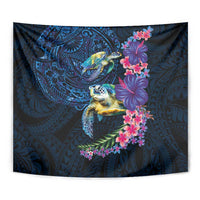 Hawaiian Plumeria and Hibiscus with Turtles Tapestry Polynesian Art Dark Cyan Color - Polynesian Pride