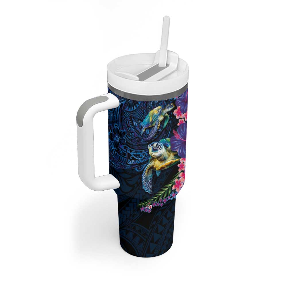 Hawaiian Plumeria and Hibiscus with Turtles Tumbler With Handle Polynesian Art Dark Cyan Color - Polynesian Pride
