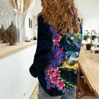 Hawaiian Plumeria and Hibiscus with Turtles Women Casual Shirt Polynesian Art Dark Cyan Color - Polynesian Pride