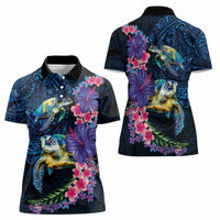 Hawaiian Plumeria and Hibiscus with Turtles Women Polo Shirt Polynesian Art Dark Cyan Color - Polynesian Pride