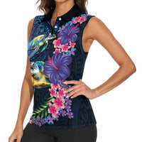 Hawaiian Plumeria and Hibiscus with Turtles Women Sleeveless Polo Shirt Polynesian Art Dark Cyan Color - Polynesian Pride