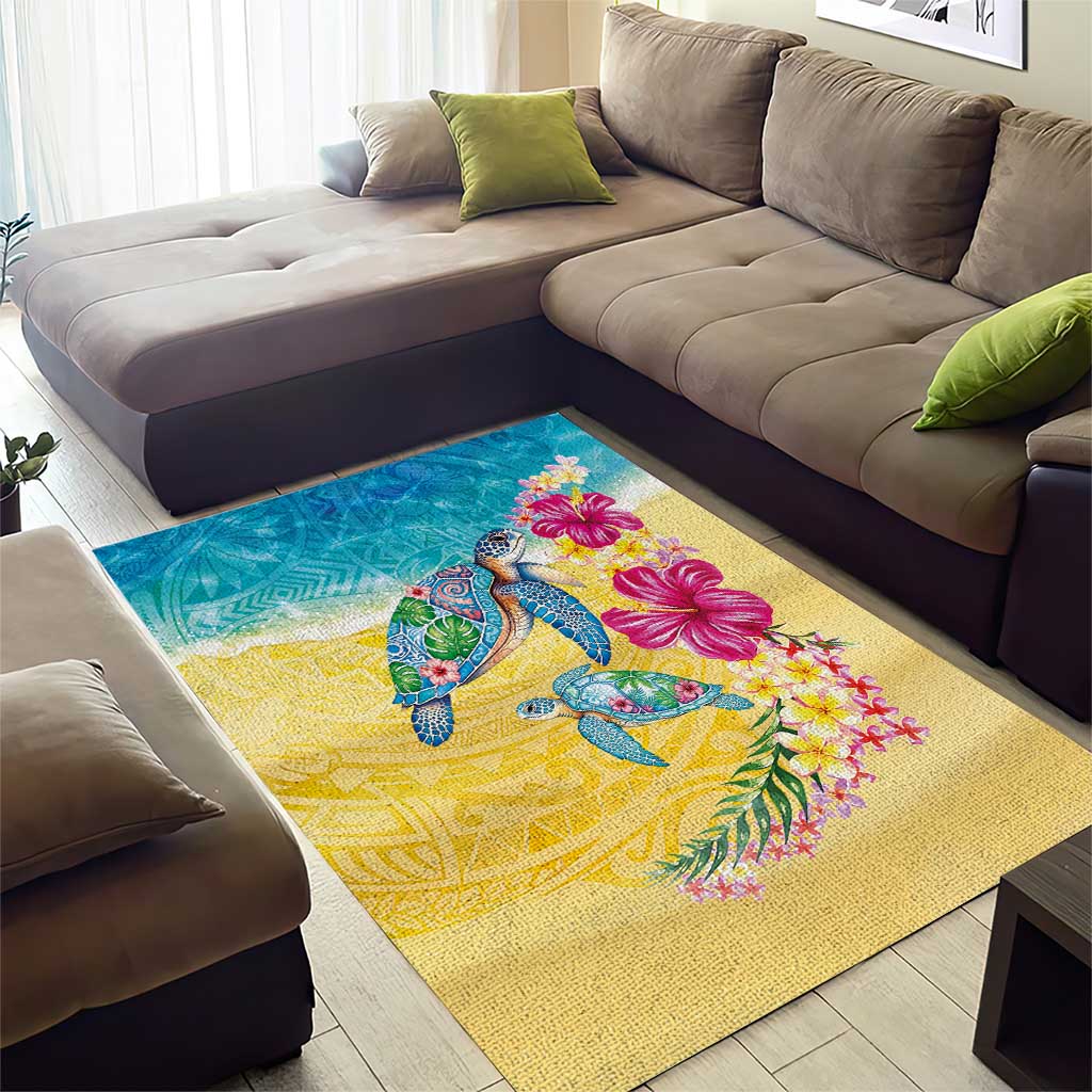 Hawaiian Tropical Plants Turtles Area Rug Watercolor Style - Polynesian Pride
