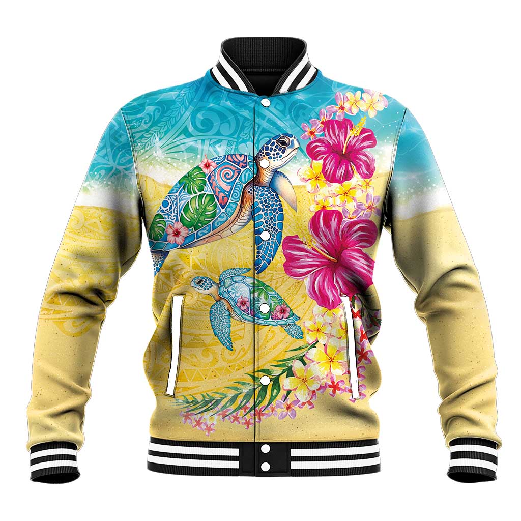 Hawaiian Tropical Plants Turtles Baseball Jacket Watercolor Style - Polynesian Pride