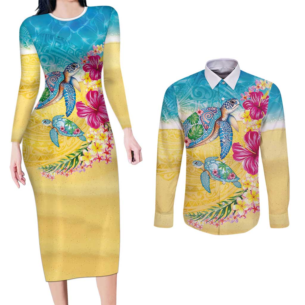 Hawaiian Tropical Plants Turtles Couples Matching Long Sleeve Bodycon Dress and Long Sleeve Button Shirt Watercolor Style - Polynesian Pride