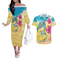 Hawaiian Tropical Plants Turtles Couples Matching Off The Shoulder Long Sleeve Dress and Hawaiian Shirt Watercolor Style LT03 Multicolor - Polynesian Pride