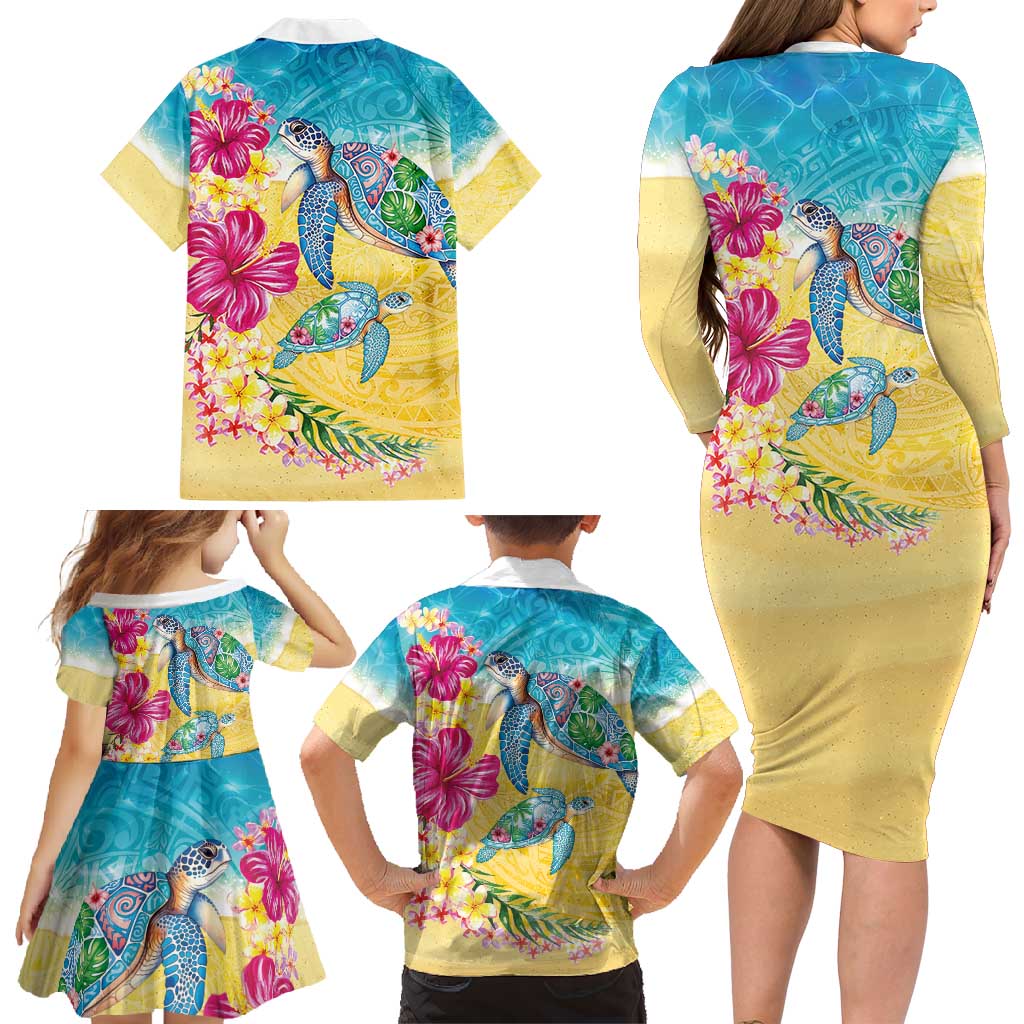 Hawaiian Tropical Plants Turtles Family Matching Long Sleeve Bodycon Dress and Hawaiian Shirt Watercolor Style LT03 - Polynesian Pride