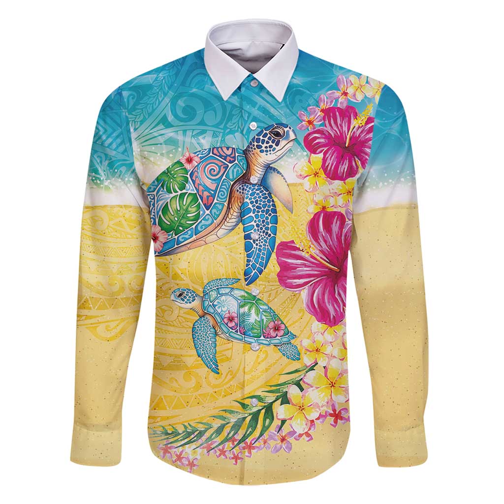 Hawaiian Tropical Plants Turtles Family Matching Long Sleeve Bodycon Dress and Hawaiian Shirt Watercolor Style LT03 Dad's Shirt - Long Sleeve Multicolor - Polynesian Pride