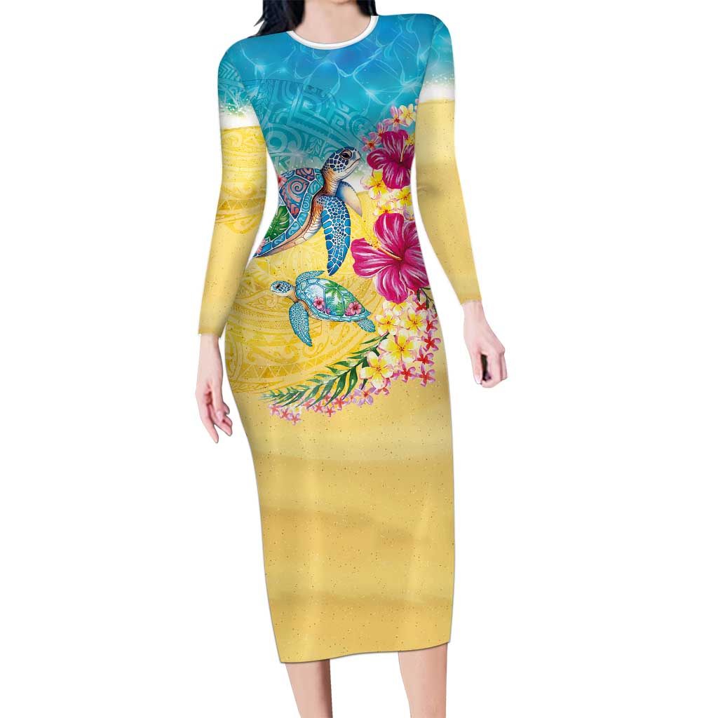 Hawaiian Tropical Plants Turtles Family Matching Long Sleeve Bodycon Dress and Hawaiian Shirt Watercolor Style LT03 Mom's Dress Multicolor - Polynesian Pride