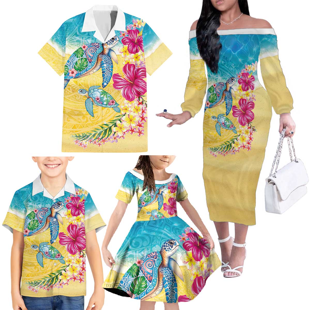 Hawaiian Tropical Plants Turtles Family Matching Off The Shoulder Long Sleeve Dress and Hawaiian Shirt Watercolor Style LT03 - Polynesian Pride