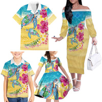 Hawaiian Tropical Plants Turtles Family Matching Off The Shoulder Long Sleeve Dress and Hawaiian Shirt Watercolor Style LT03 - Polynesian Pride