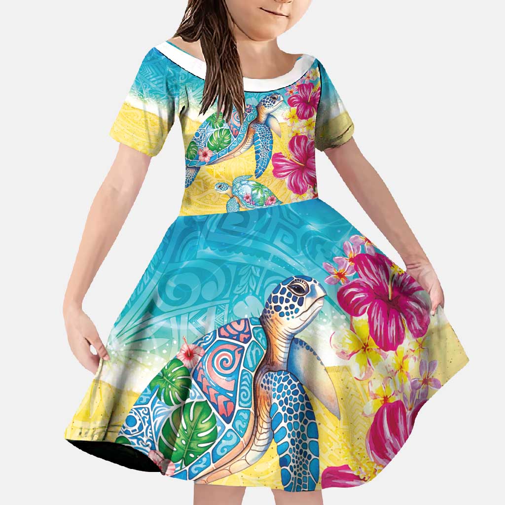 Hawaiian Tropical Plants Turtles Family Matching Off Shoulder Maxi Dress and Hawaiian Shirt Watercolor Style LT03 Daughter's Dress Multicolor - Polynesian Pride