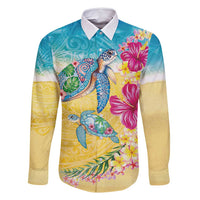 Hawaiian Tropical Plants Turtles Family Matching Off Shoulder Maxi Dress and Hawaiian Shirt Watercolor Style LT03 Dad's Shirt - Long Sleeve Multicolor - Polynesian Pride