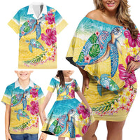 Hawaiian Tropical Plants Turtles Family Matching Off Shoulder Short Dress and Hawaiian Shirt Watercolor Style LT03 - Polynesian Pride