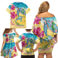 Hawaiian Tropical Plants Turtles Family Matching Off Shoulder Short Dress and Hawaiian Shirt Watercolor Style LT03 - Polynesian Pride