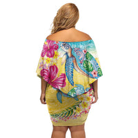Hawaiian Tropical Plants Turtles Family Matching Off Shoulder Short Dress and Hawaiian Shirt Watercolor Style LT03 - Polynesian Pride