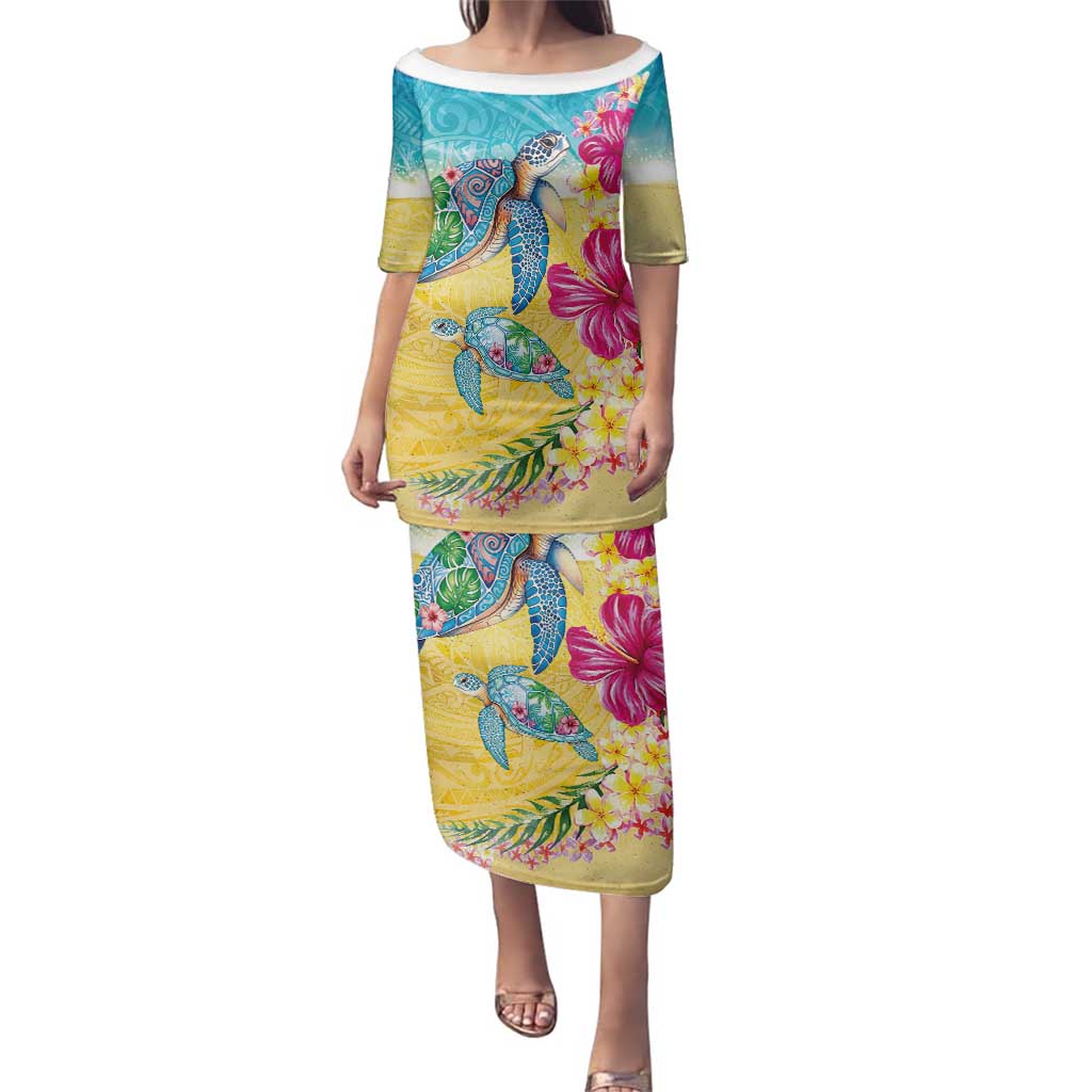 Hawaiian Tropical Plants Turtles Family Matching Puletasi and Hawaiian Shirt Watercolor Style LT03 Mom's Dress Multicolor - Polynesian Pride
