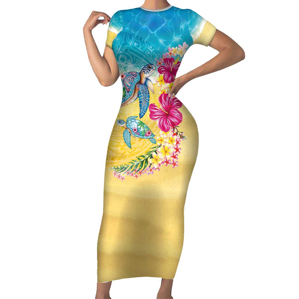 Hawaiian Tropical Plants Turtles Family Matching Short Sleeve Bodycon Dress and Hawaiian Shirt Watercolor Style LT03 Mom's Dress Multicolor - Polynesian Pride