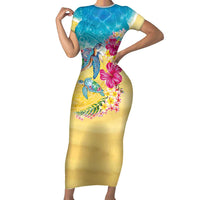 Hawaiian Tropical Plants Turtles Family Matching Short Sleeve Bodycon Dress and Hawaiian Shirt Watercolor Style LT03 Mom's Dress Multicolor - Polynesian Pride