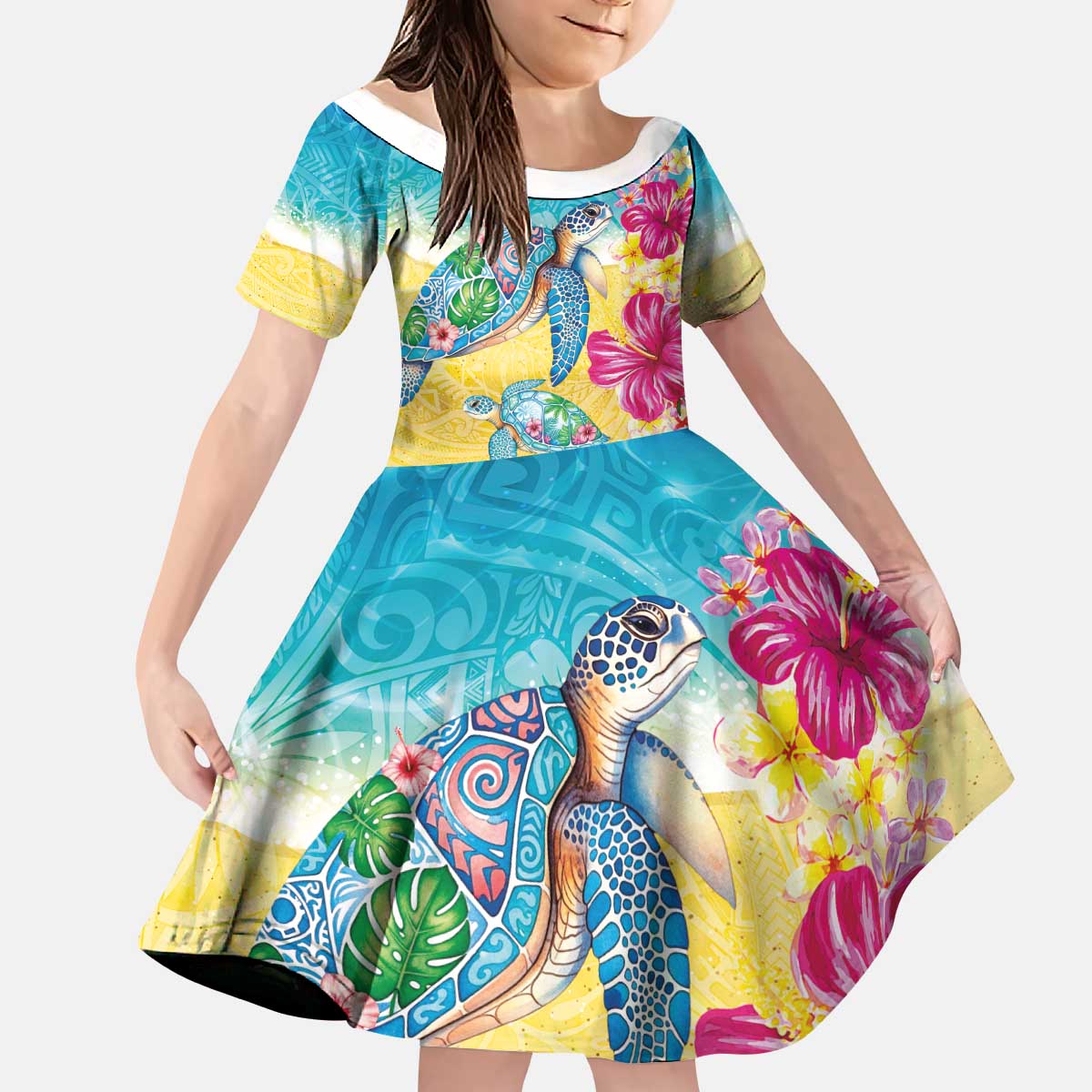 Hawaiian Tropical Plants Turtles Kid Short Sleeve Dress Watercolor Style - Polynesian Pride