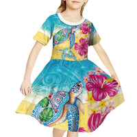 Hawaiian Tropical Plants Turtles Kid Short Sleeve Dress Watercolor Style - Polynesian Pride