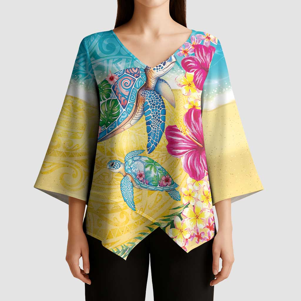 Hawaiian Tropical Plants Turtles Kimono Sleeve Blouse Watercolor Style - Polynesian Pride