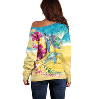 Hawaiian Tropical Plants Turtles Off Shoulder Sweater Watercolor Style - Polynesian Pride