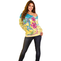 Hawaiian Tropical Plants Turtles Off Shoulder Sweater Watercolor Style - Polynesian Pride
