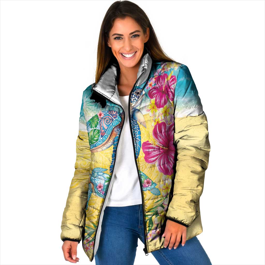Hawaiian Tropical Plants Turtles Padded Jacket Watercolor Style - Polynesian Pride