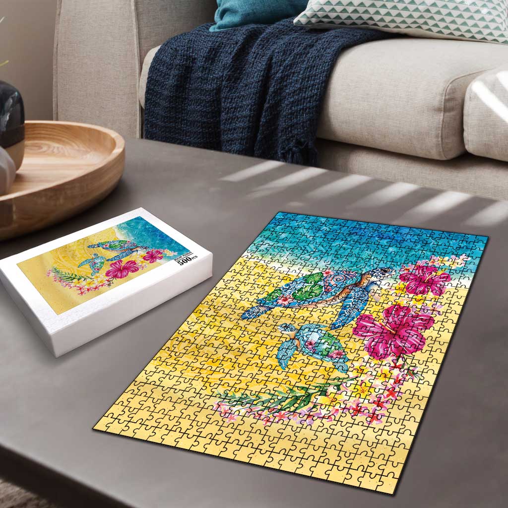 Hawaiian Tropical Plants Turtles Puzzle Watercolor Style - Polynesian Pride