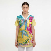 Hawaiian Tropical Plants Turtles Scrub Top Watercolor Style - Polynesian Pride