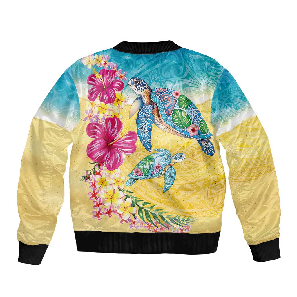Hawaiian Tropical Plants Turtles Sleeve Zip Bomber Jacket Watercolor Style - Polynesian Pride