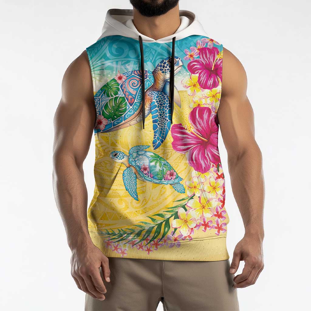 Hawaiian Tropical Plants Turtles Sleeveless Hoodie Watercolor Style - Polynesian Pride