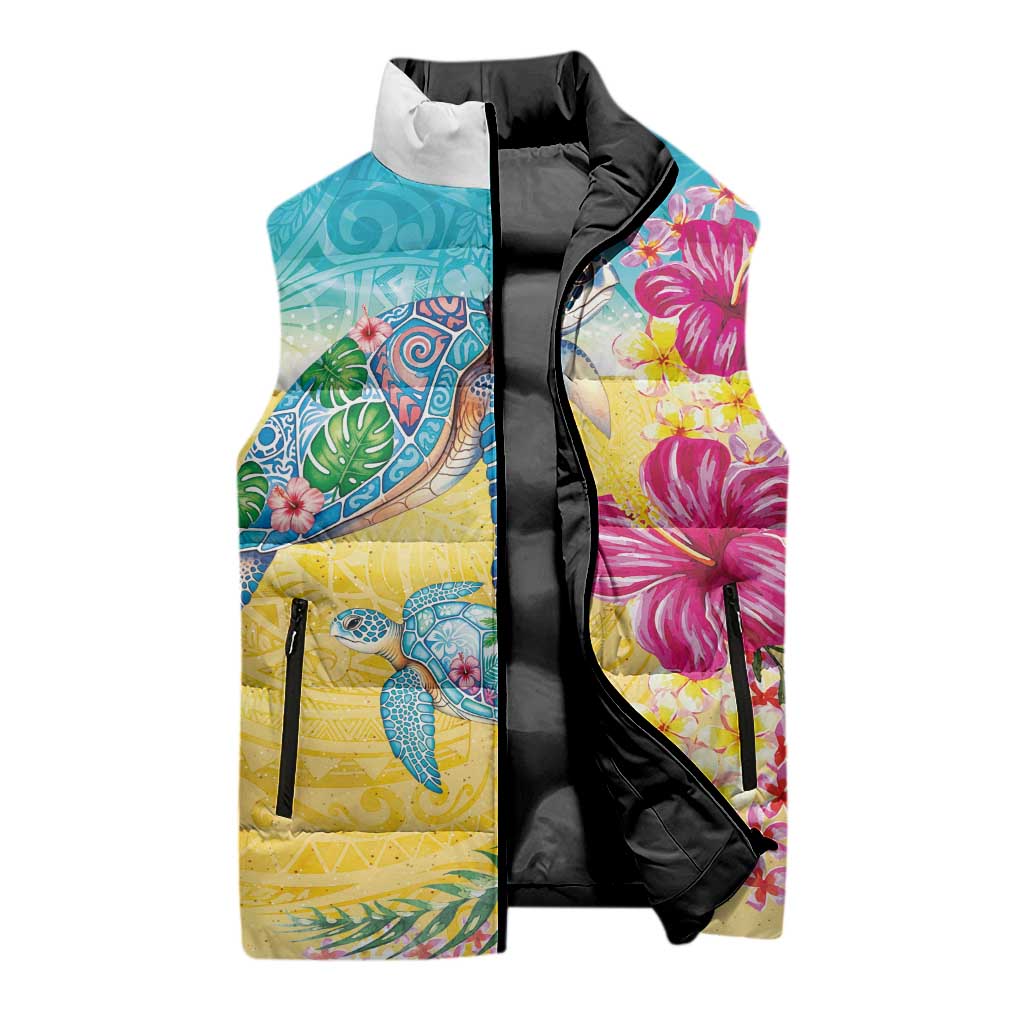 Hawaiian Tropical Plants Turtles Sleeveless Puffer Jacket Watercolor Style - Polynesian Pride