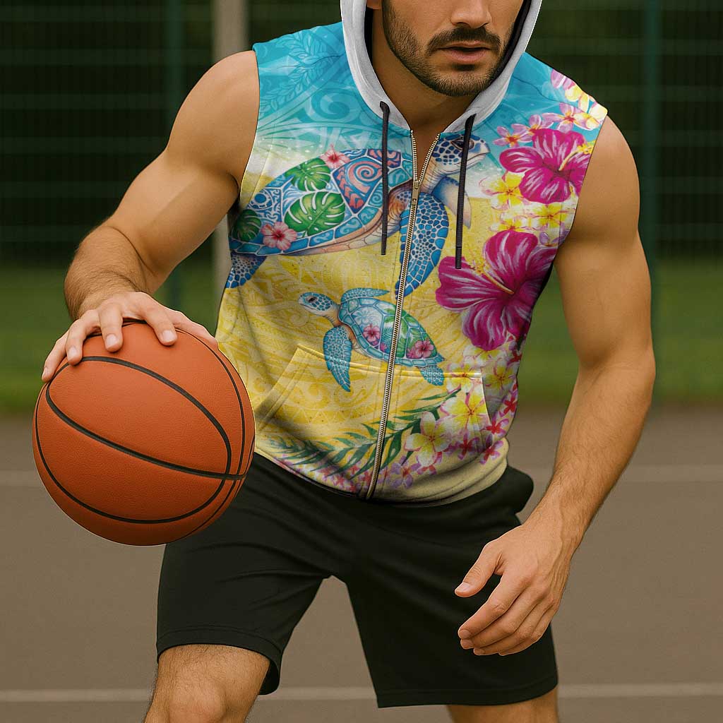 Hawaiian Tropical Plants Turtles Sleeveless Zip Hoodie Watercolor Style - Polynesian Pride