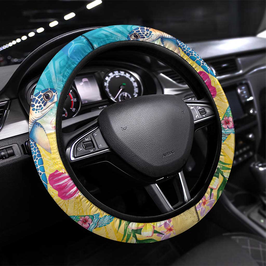 Hawaiian Tropical Plants Turtles Steering Wheel Cover Watercolor Style - Polynesian Pride