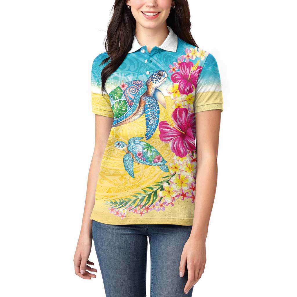 Hawaiian Tropical Plants Turtles Women Polo Shirt Watercolor Style - Polynesian Pride